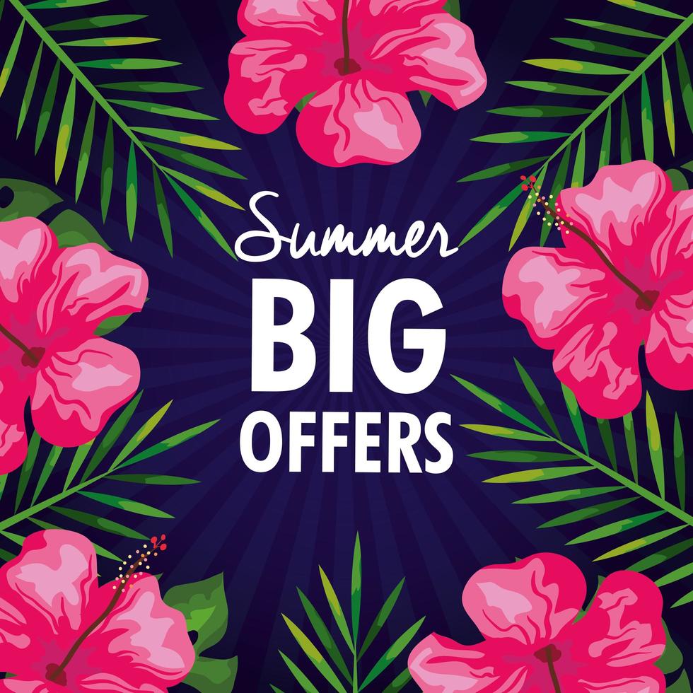 Grandes ofertas de verano, banner con flores y hojas tropicales, banner floral exótico. vector