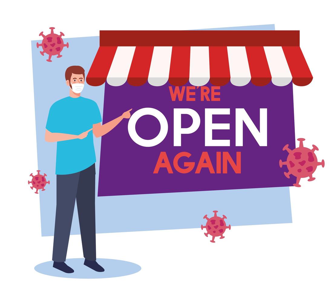 open again after quarantine, reopening of shop, man with label of we are open again vector