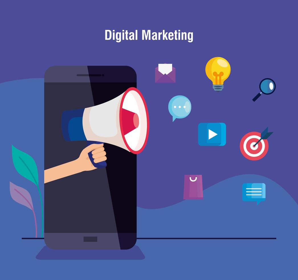 digital online marketing for business and social media marketing,smartphone with megaphone and light bulb and marketing icons vector