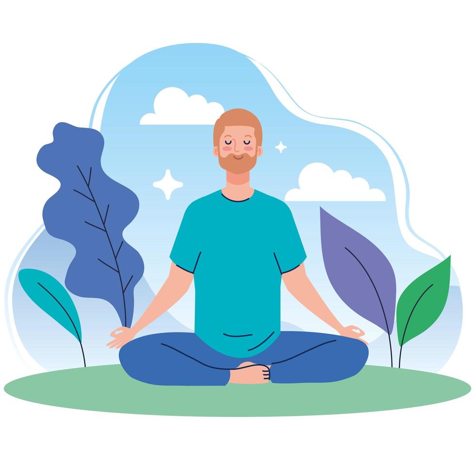 hombre meditando en la naturaleza y hojas, concepto de yoga, meditación, relajación, estilo de vida saludable vector