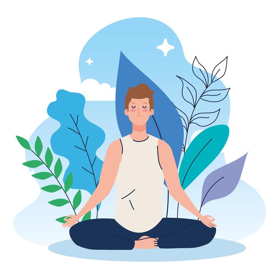 hombre meditando en la naturaleza y hojas, concepto de yoga, meditación, relajación, estilo de vida saludable vector