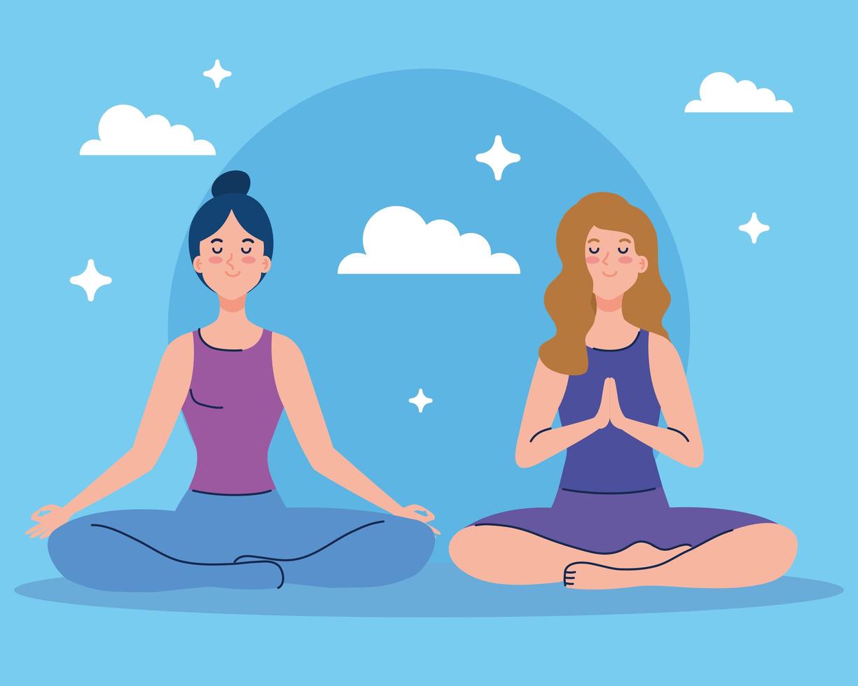 mujeres meditando, concepto de yoga, meditación, relajación, estilo de vida saludable vector