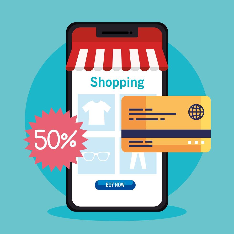 shopping online on website or mobile, concept marketing and digital marketing in smartphone with discount and credit card vector