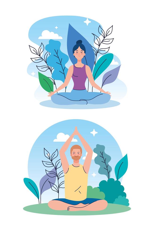 couple meditating in nature and leaves, concept for yoga, meditation, relax, healthy lifestyle vector