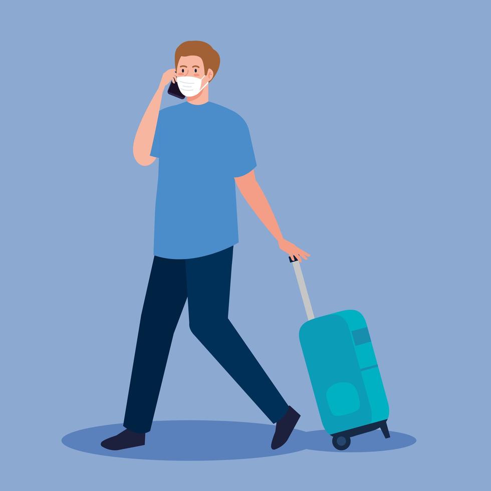 hombre turista con máscara médica con equipaje, viaje durante coronavirus, prevención covid 19 vector