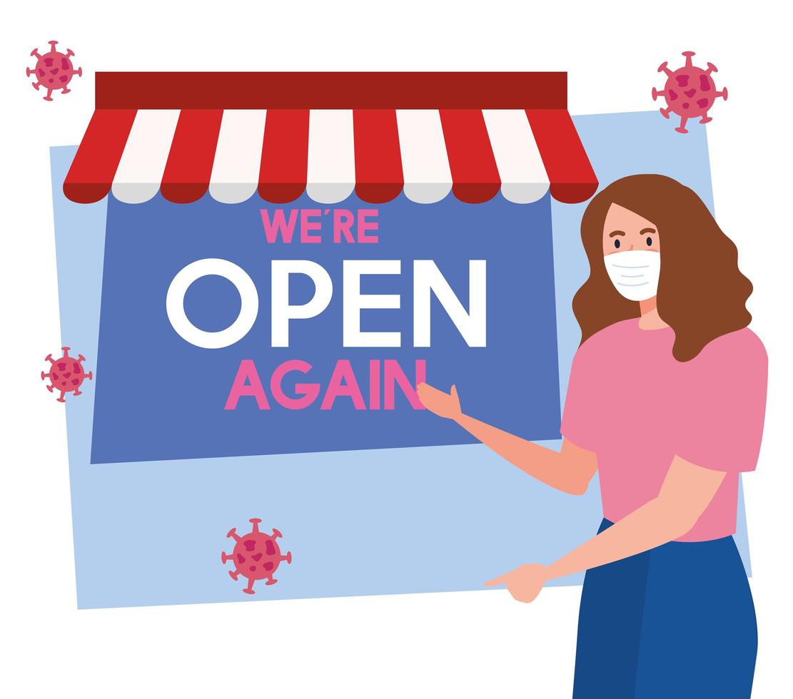 abierto de nuevo después de la cuarentena, reapertura de la tienda, mujer con etiqueta de estamos abiertos de nuevo vector