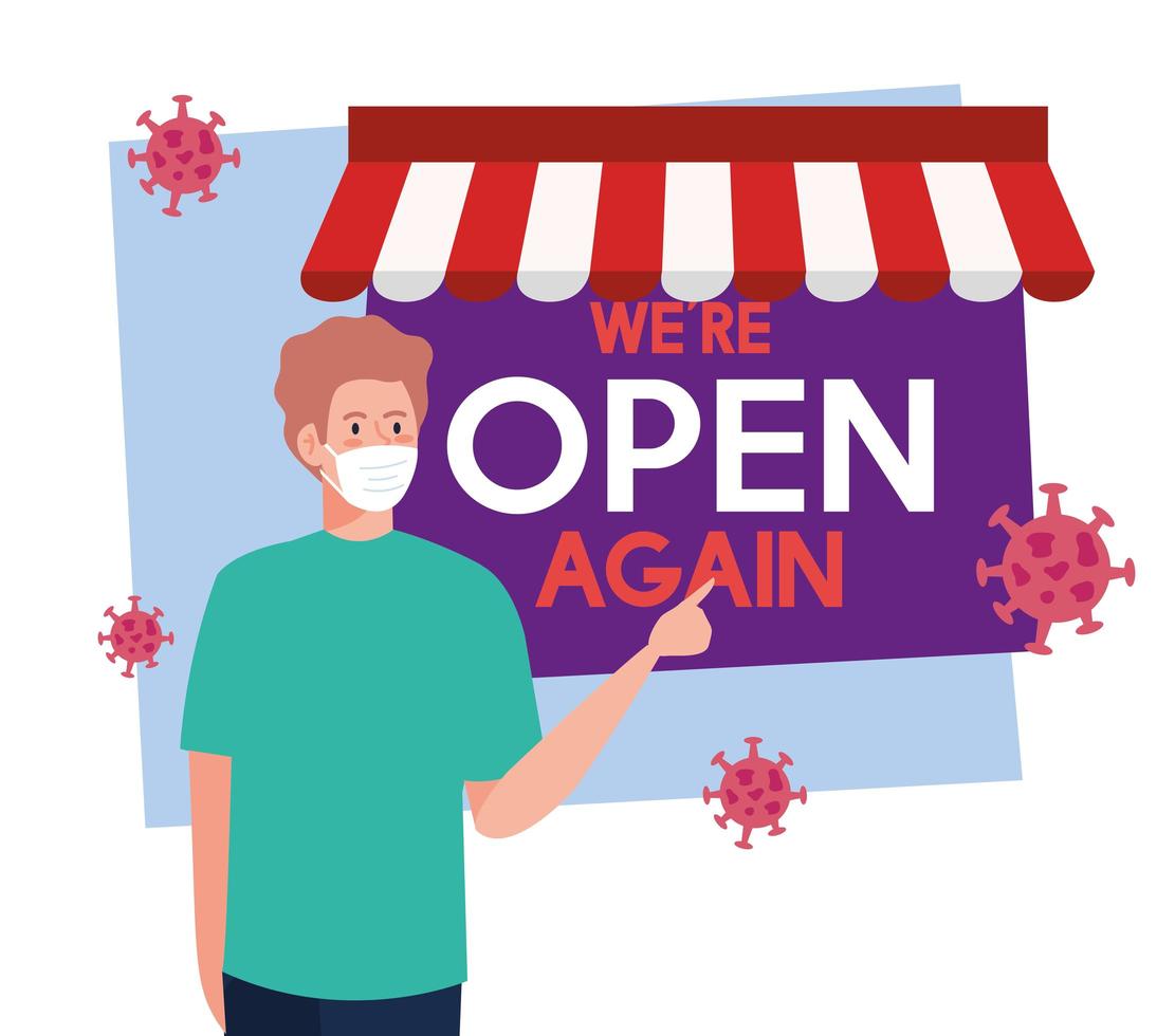 open again after quarantine, reopening of shop, man with label of we are open again vector