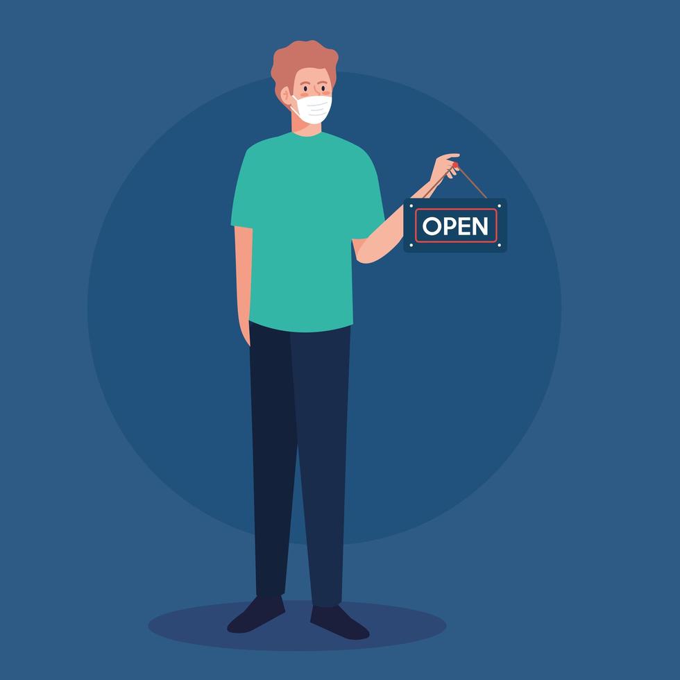 open again after quarantine, man with label of reopening of shop, we are open again vector