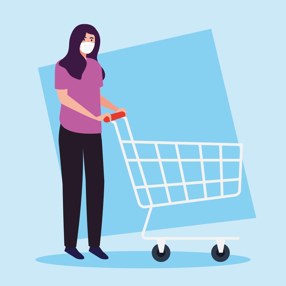 man wearing medical mask, while push cart shopping, stay safe while shopping vector