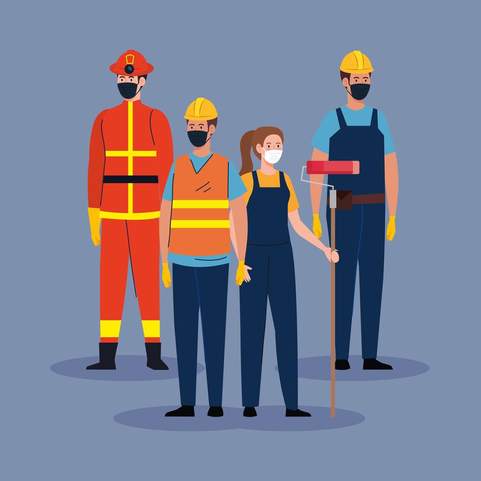 firefighter with workers group in covid 19, workers wearing medical mask against coronavirus vector