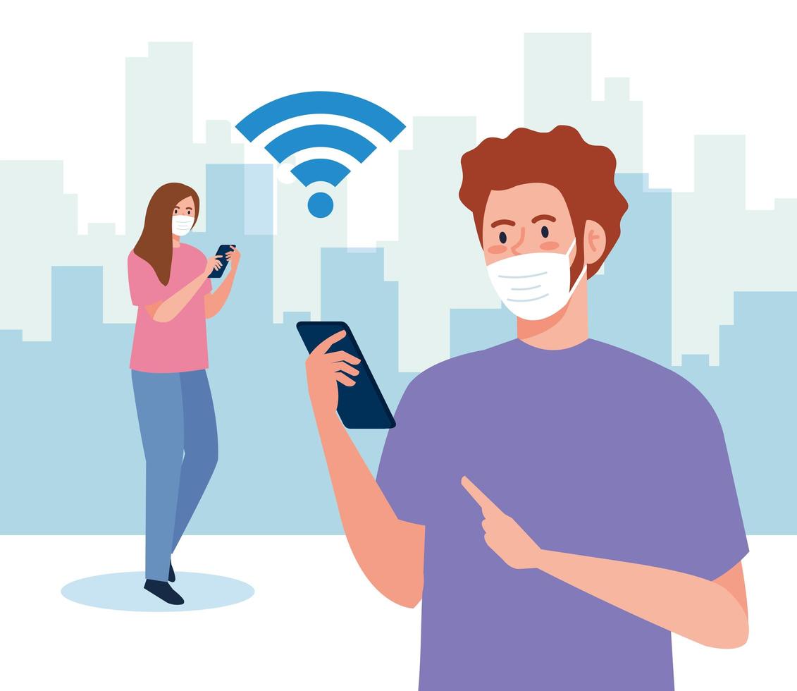 couple wearing medical mask communicating by smartphone, covid 19, social media coronavirus concept vector