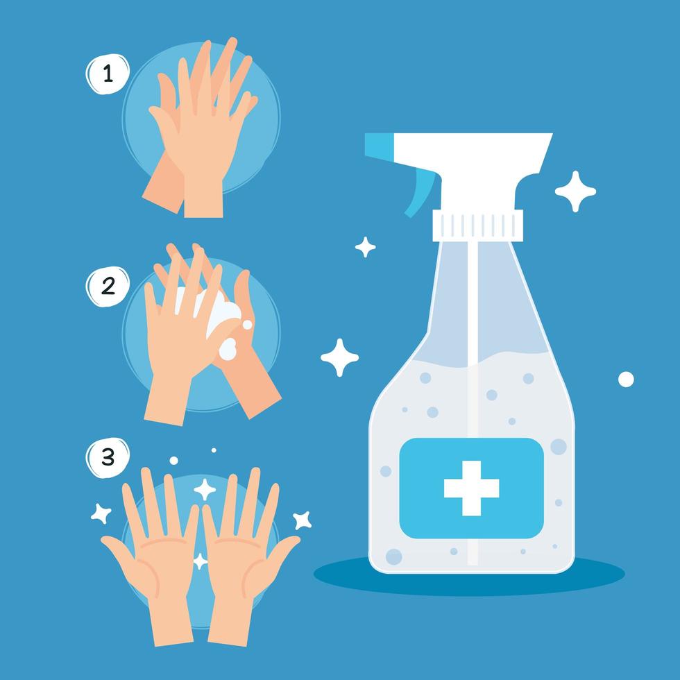 protección contra coronavirus, pisa las manos frecuentemente con desinfectante de botella en aerosol, protege covid 19 vector