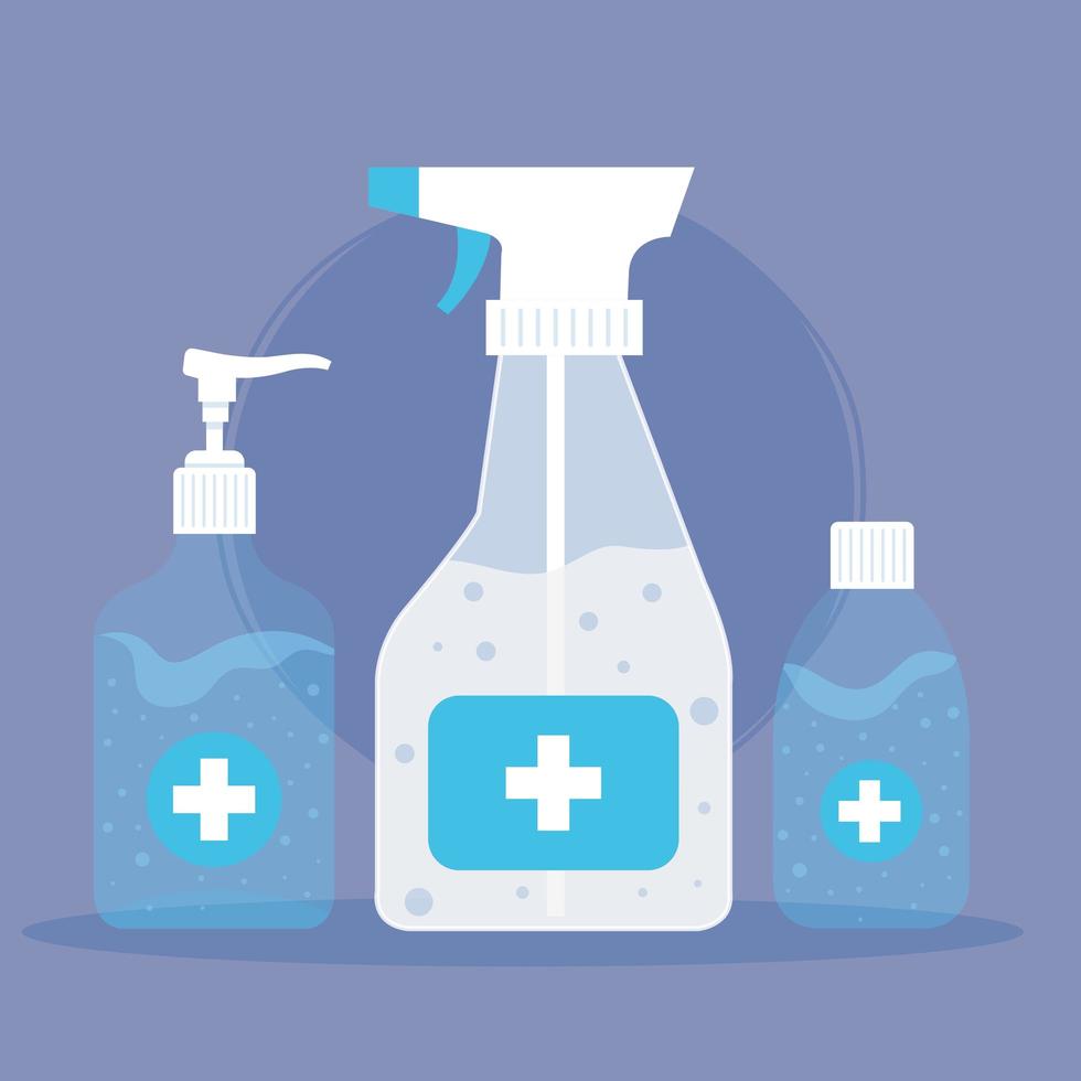 botellas de desinfectante de manos, gel de lavado, autoprotección contra covid 19 vector
