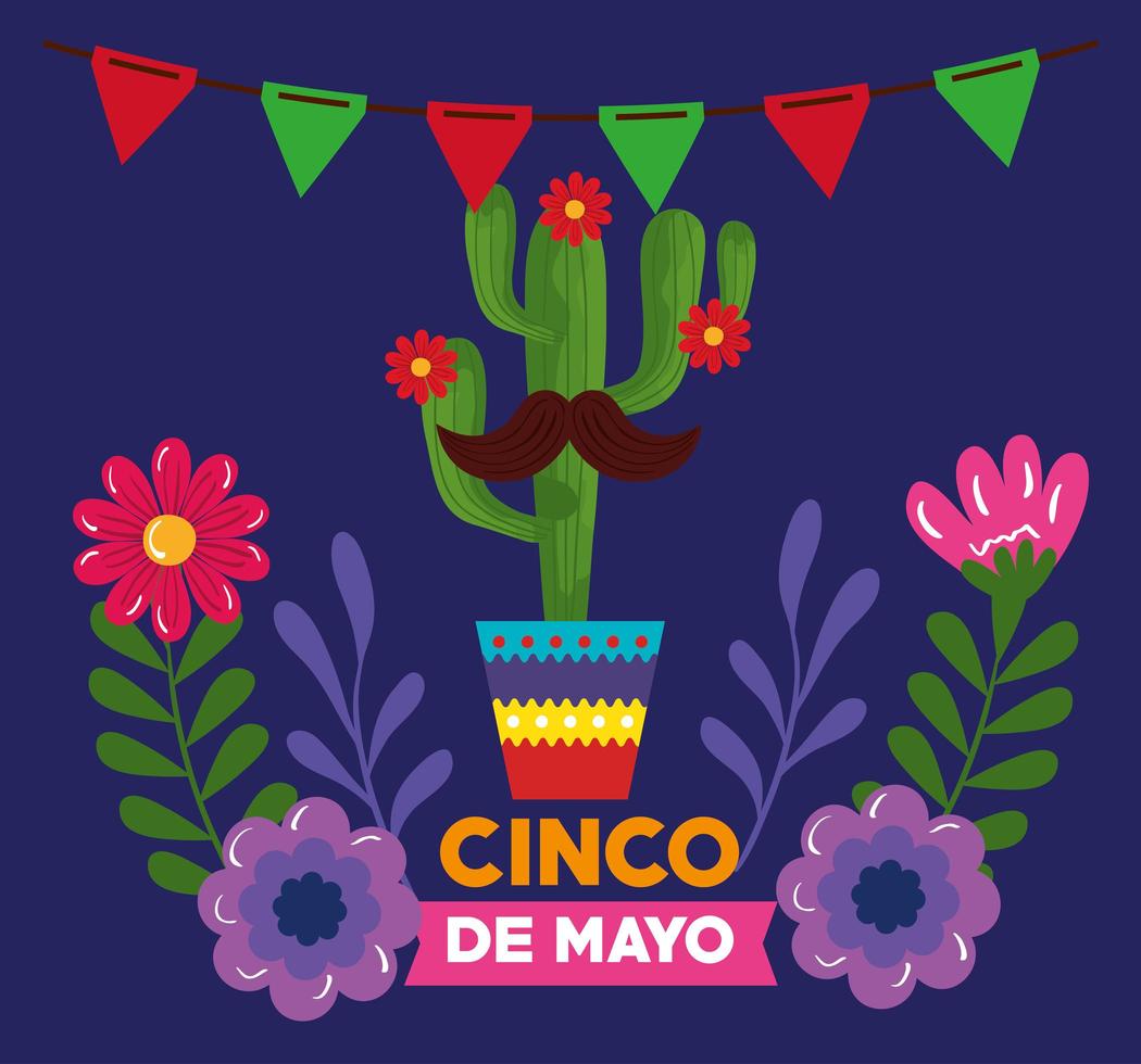 cinco de mayo poster with cactus and flowers decoration vector