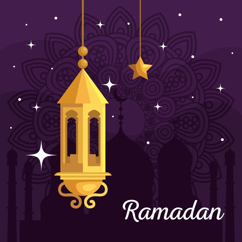 ramadan kareem poster with lantern and star hanging vector