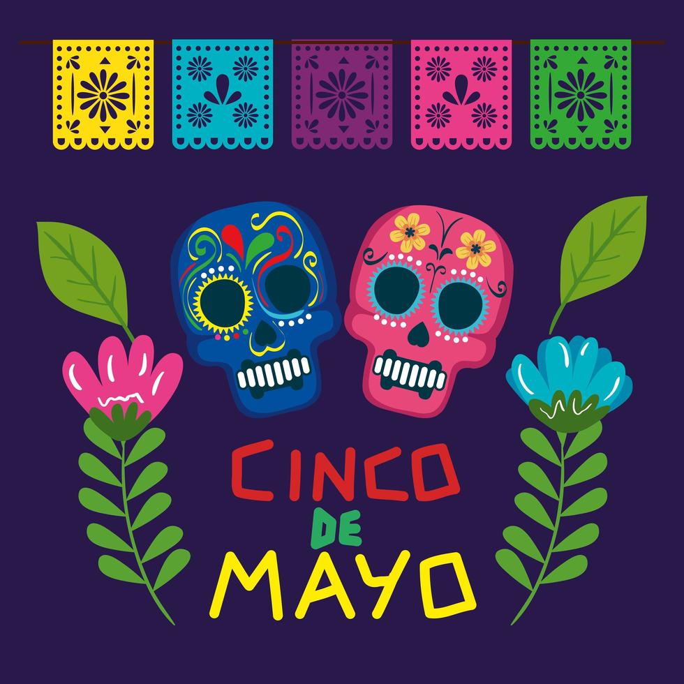 cartel del cinco de mayo con decoración de calaveras y flores vector