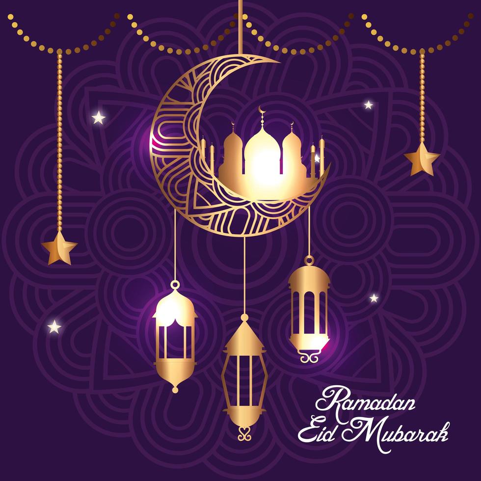 ramadan kareem poster with moon and lanterns hanging vector