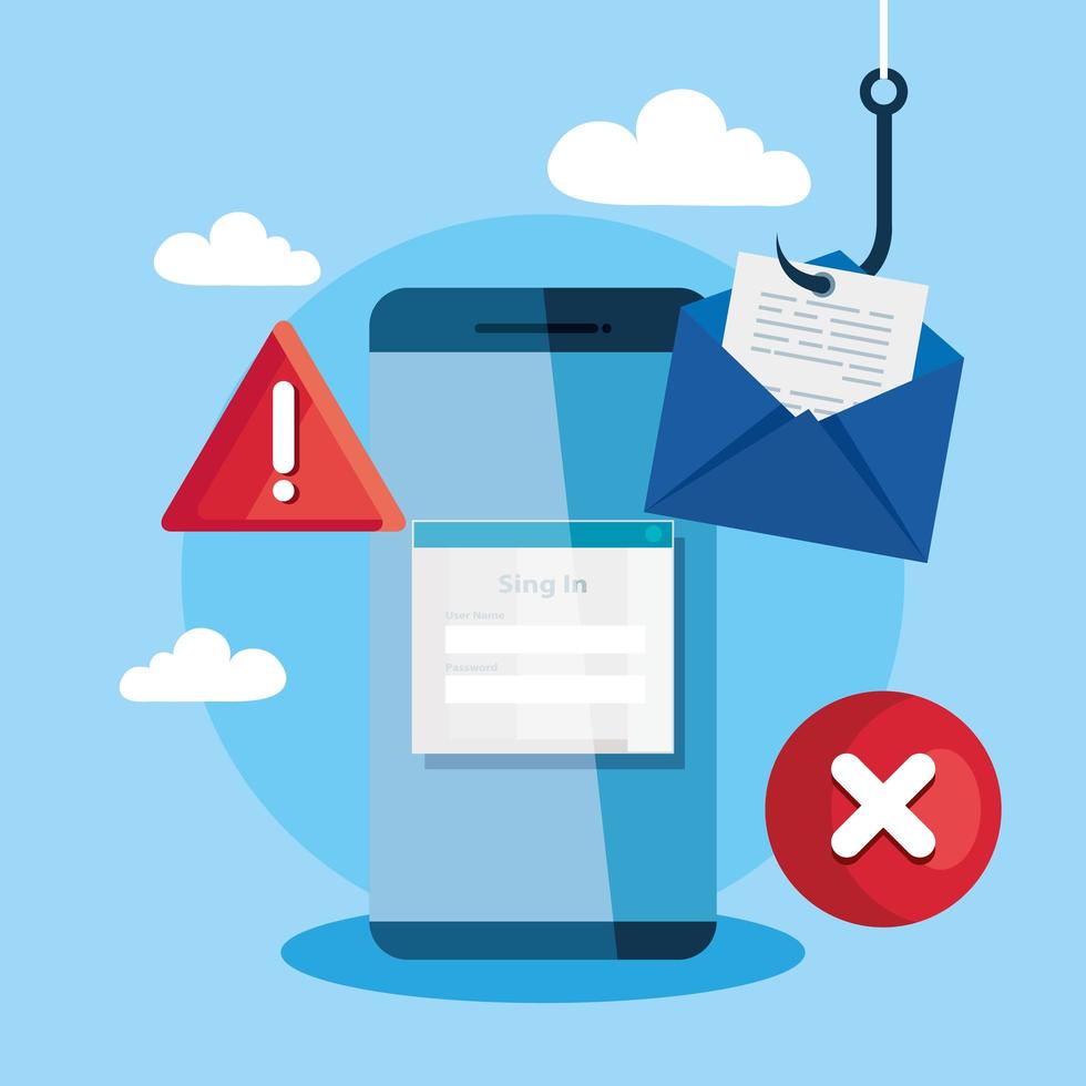 data phishing hacking online scam concept, with smartphone and icons hook vector