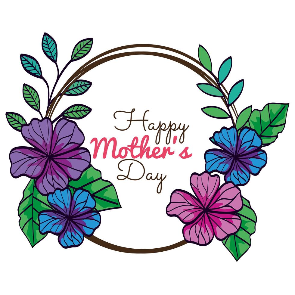 happy mother day card and frame circular with flowers decoration vector