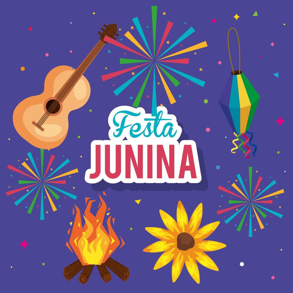 festa junina poster with guitar and icons traditional vector