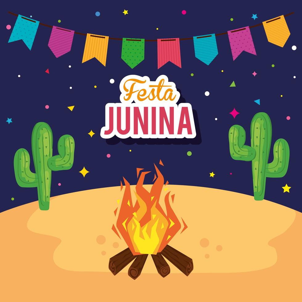 cartel de festa junina con hoguera e iconos tradicionales vector