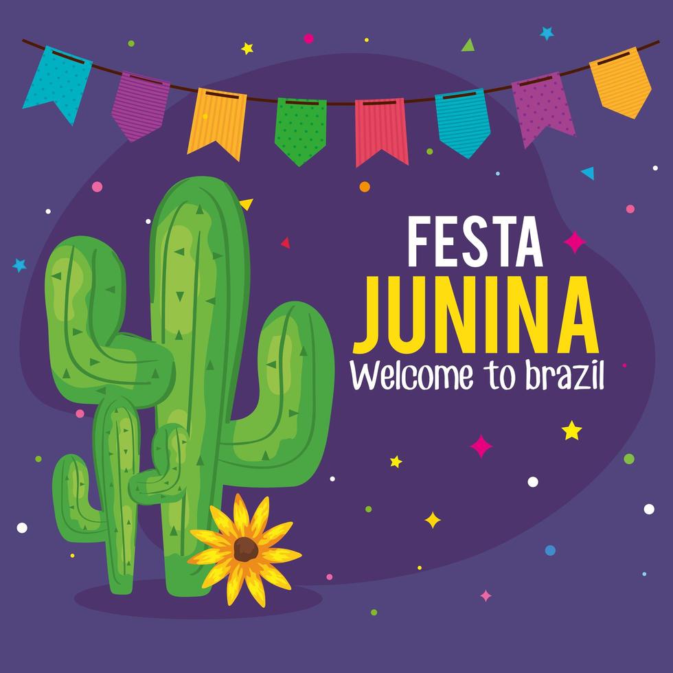 festa junina poster with cactus and garland hanging vector