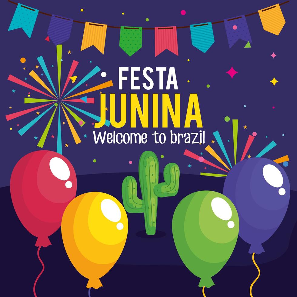 festa junina poster with cactus and decoration vector