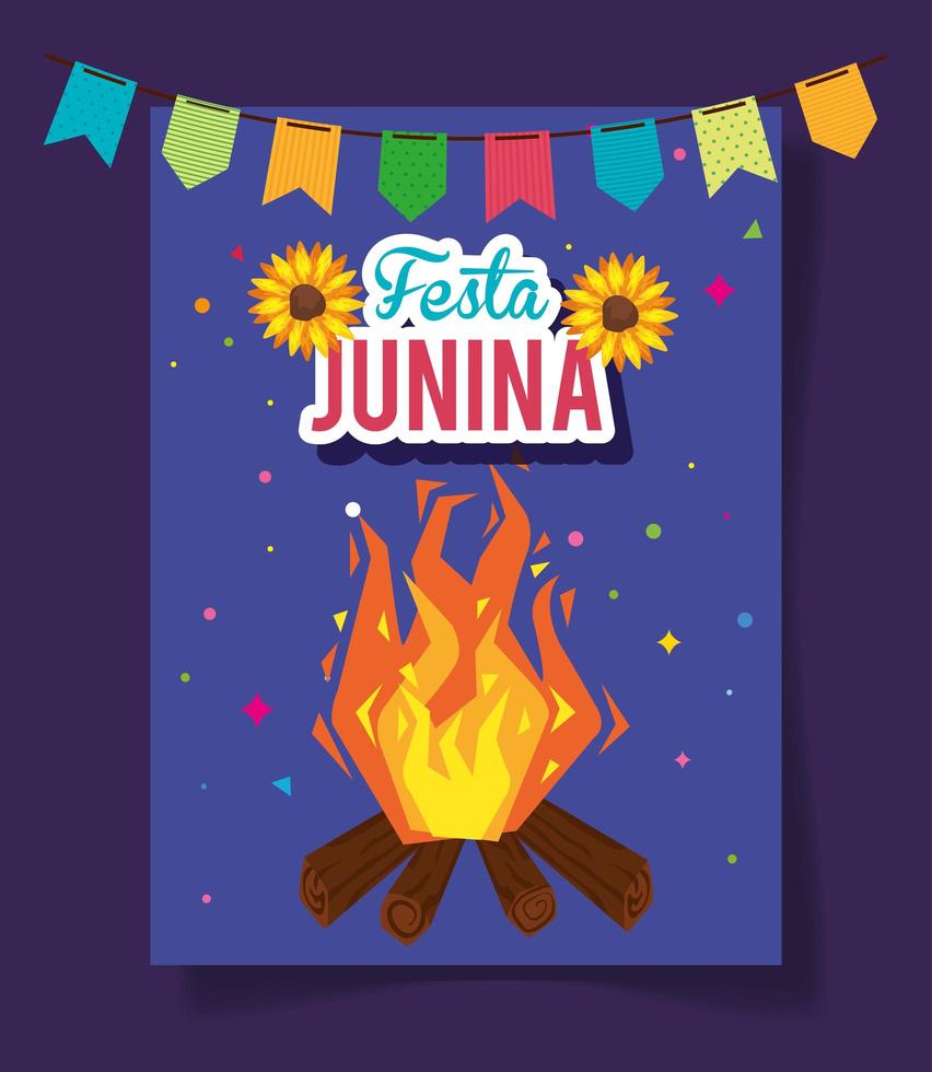 cartel de festa junina con fogata y guirnalda colgando vector