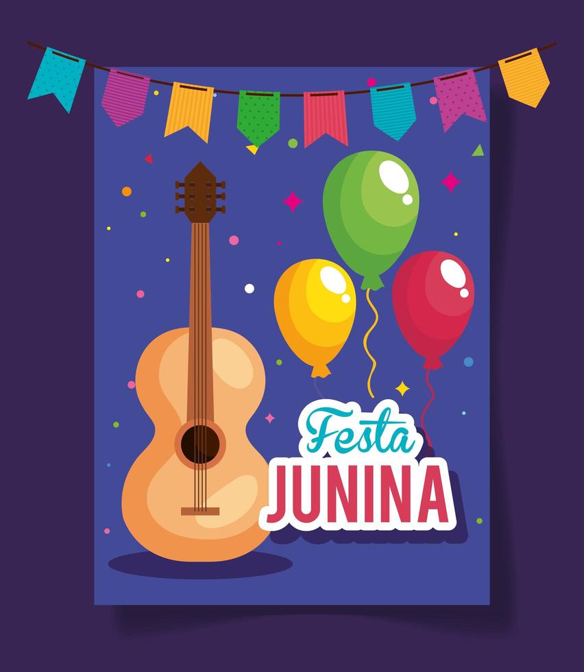 festa junina poster with guitar and icons traditional vector