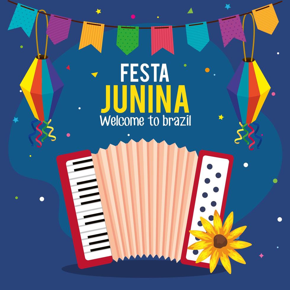 cartel de festa junina con acordeón e iconos tradicionales vector