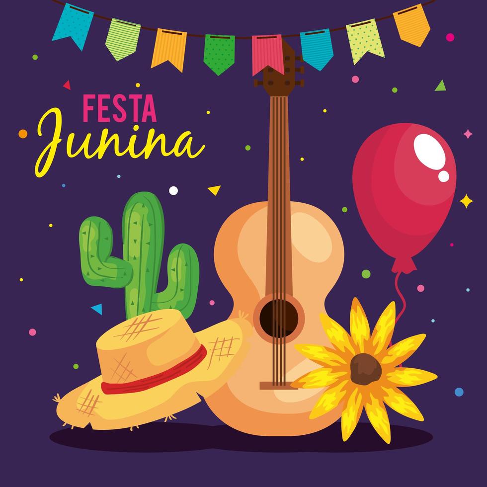 Cartel de festa junina con guitarra e iconos tradicionales vector