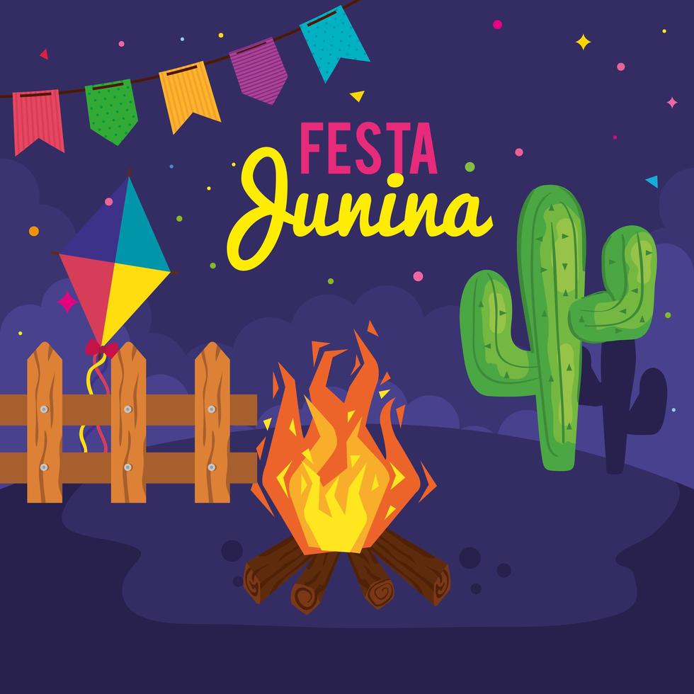 cartel de festa junina con cactus e iconos tradicionales vector