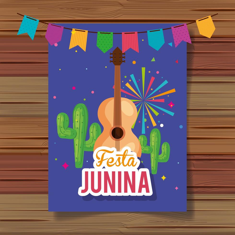 festa junina poster with guitar and icons traditional vector