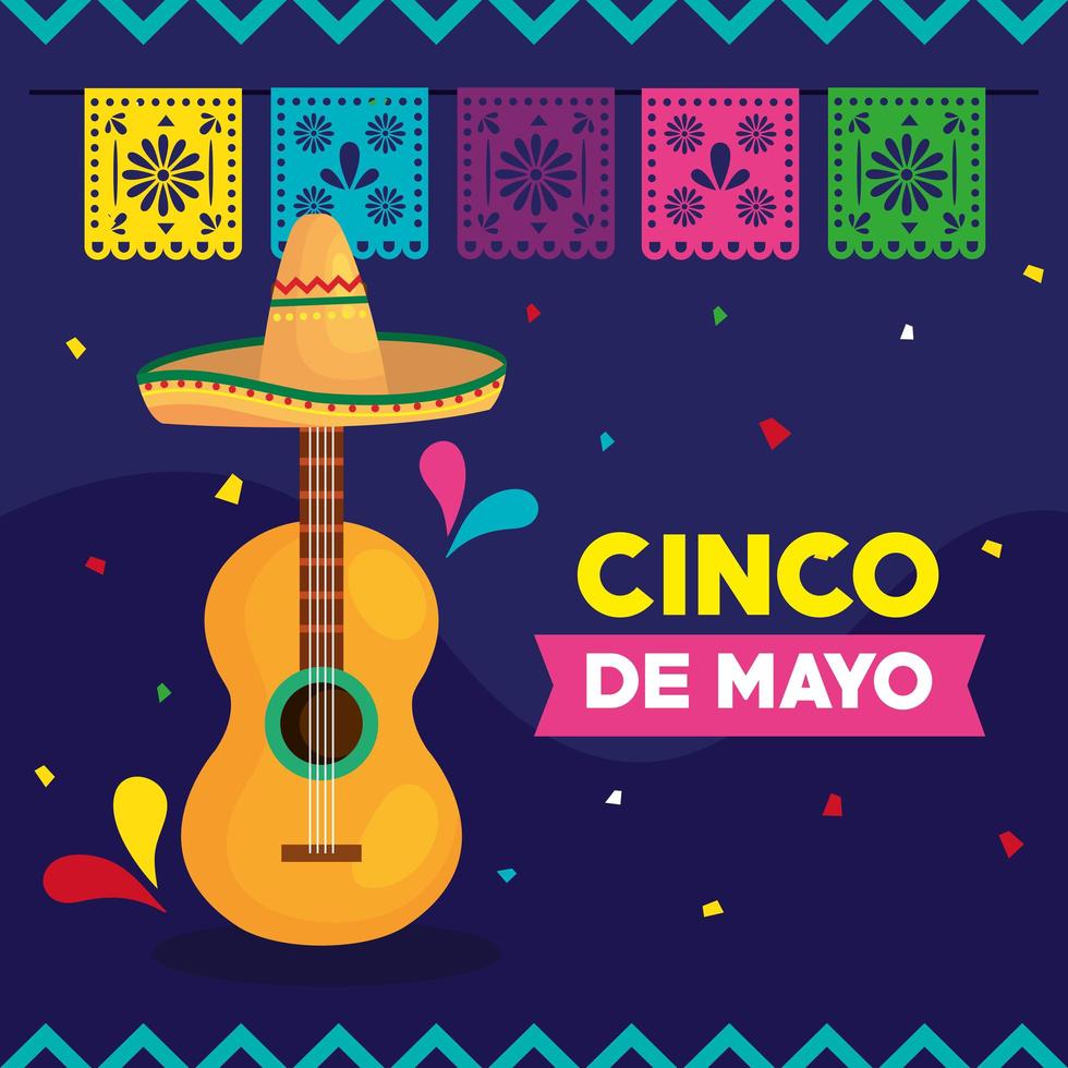 cartel del cinco de mayo con guitarra y decoración. vector