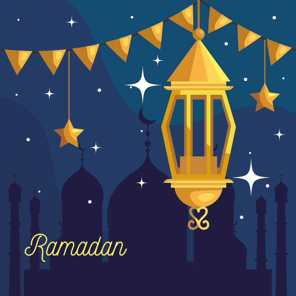 ramadan kareem poster with lantern and garlands hanging vector