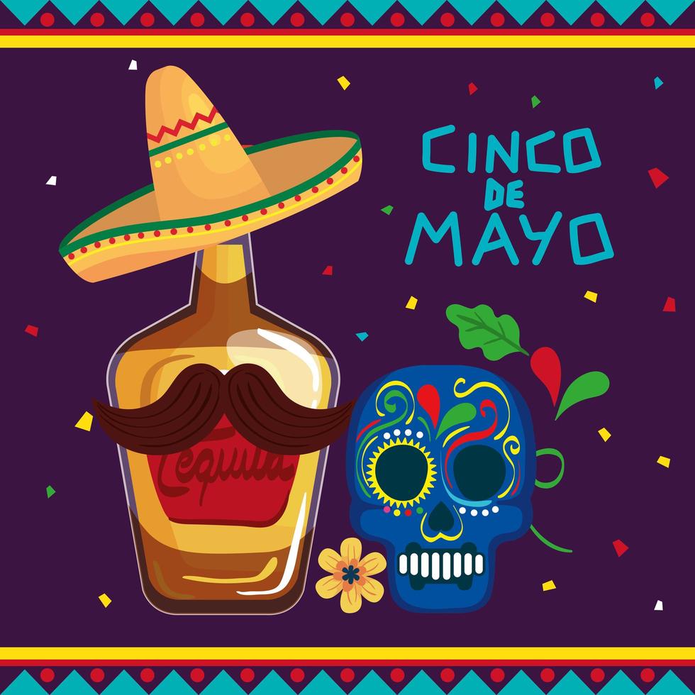 cinco de mayo poster with bottle tequila and skull decorated vector