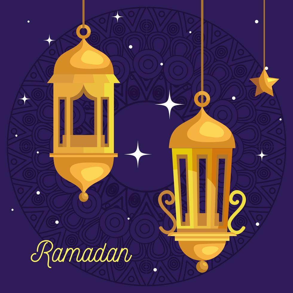 ramadan kareem poster with lantern and star hanging vector