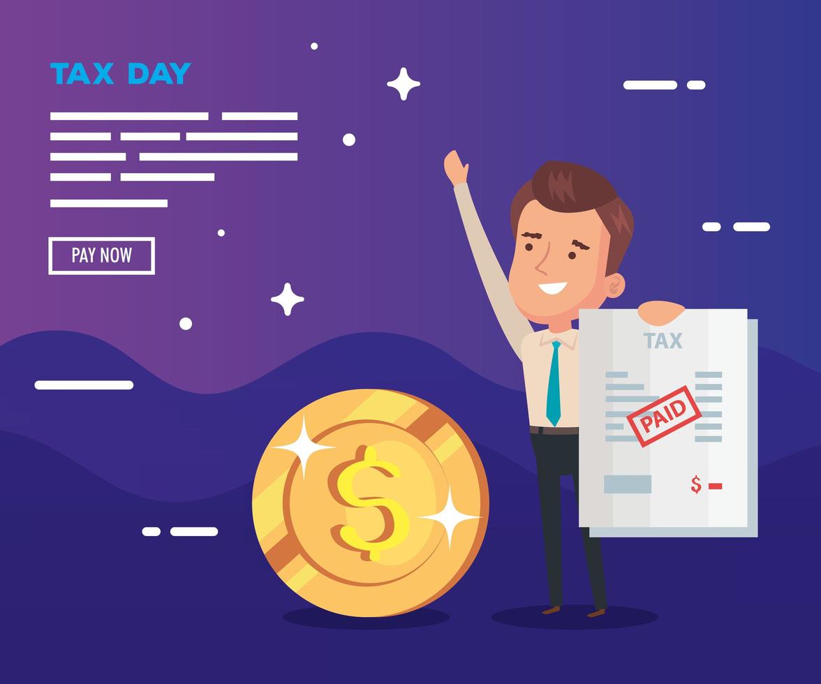 tax day poster with businessman and icons vector