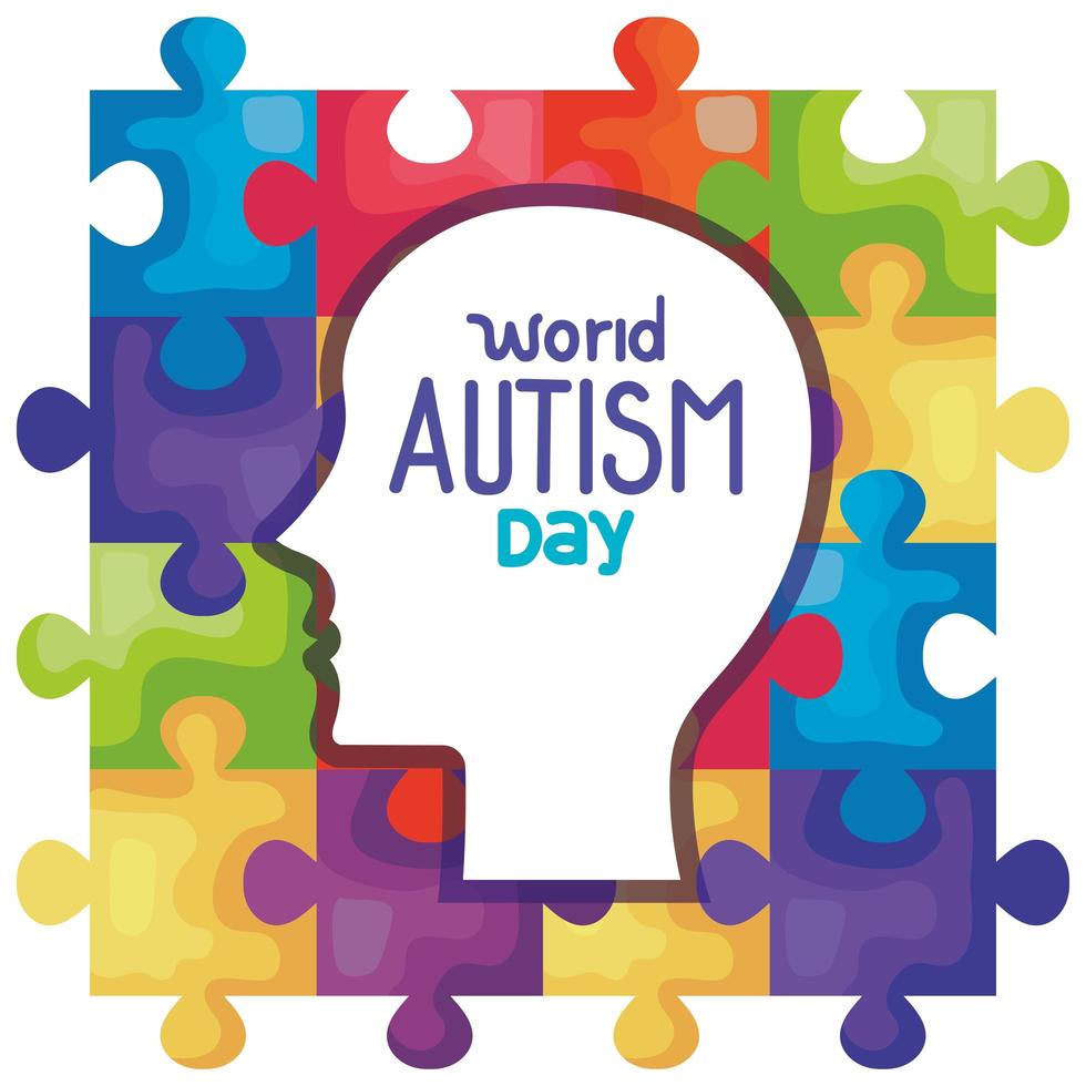 world autism day with head silhouette in puzzle pieces background vector