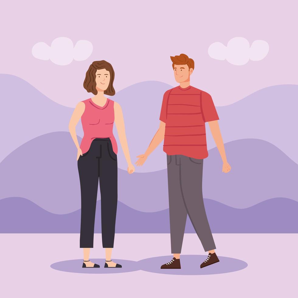 young couple in landscape avatar characters vector