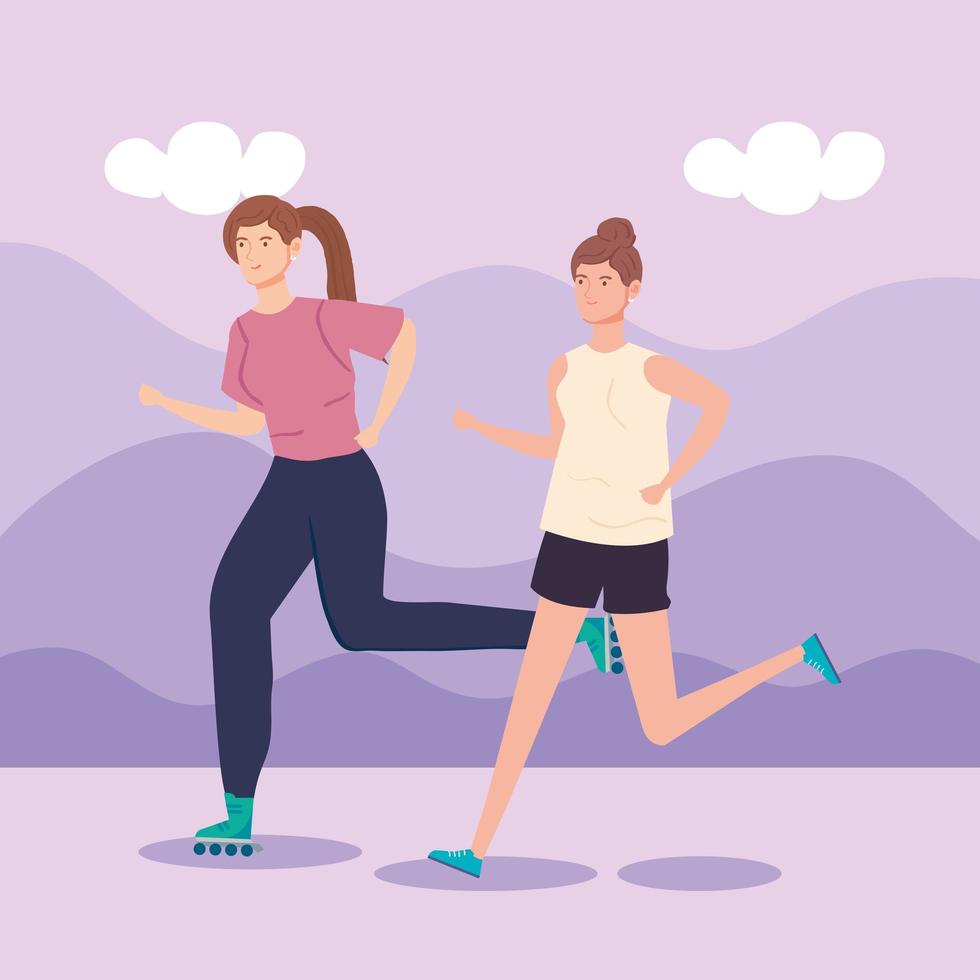 woman on roller skates and woman running vector