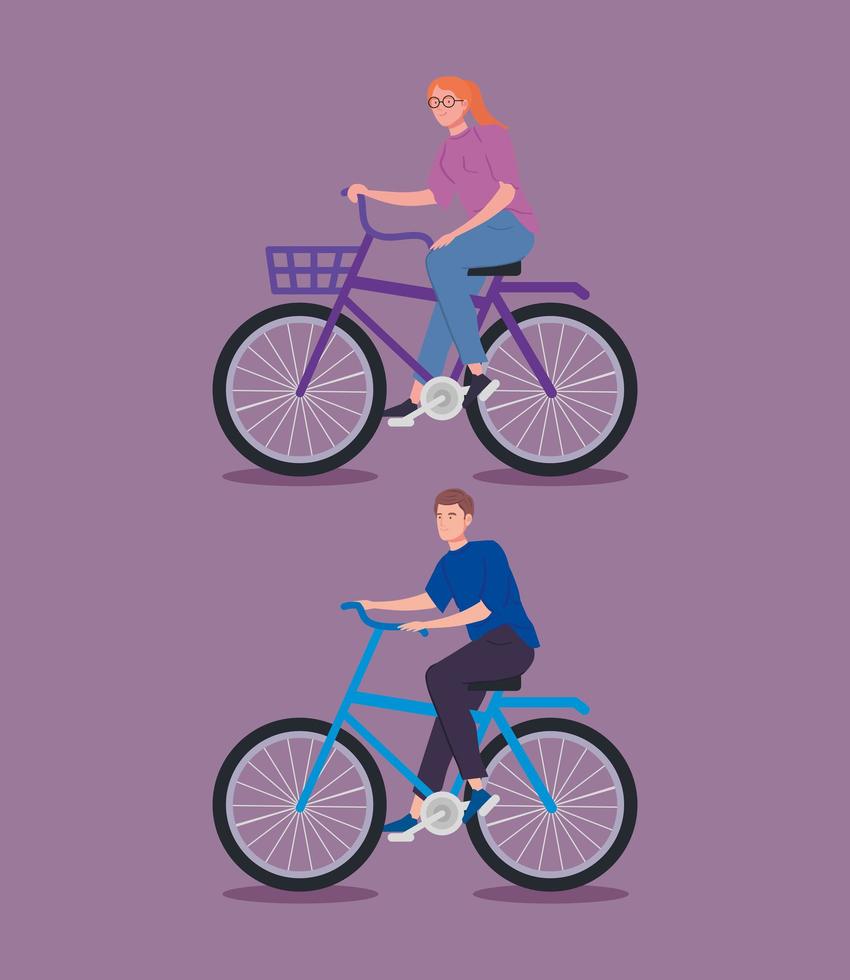 young couple riding bicycle avatar characters vector