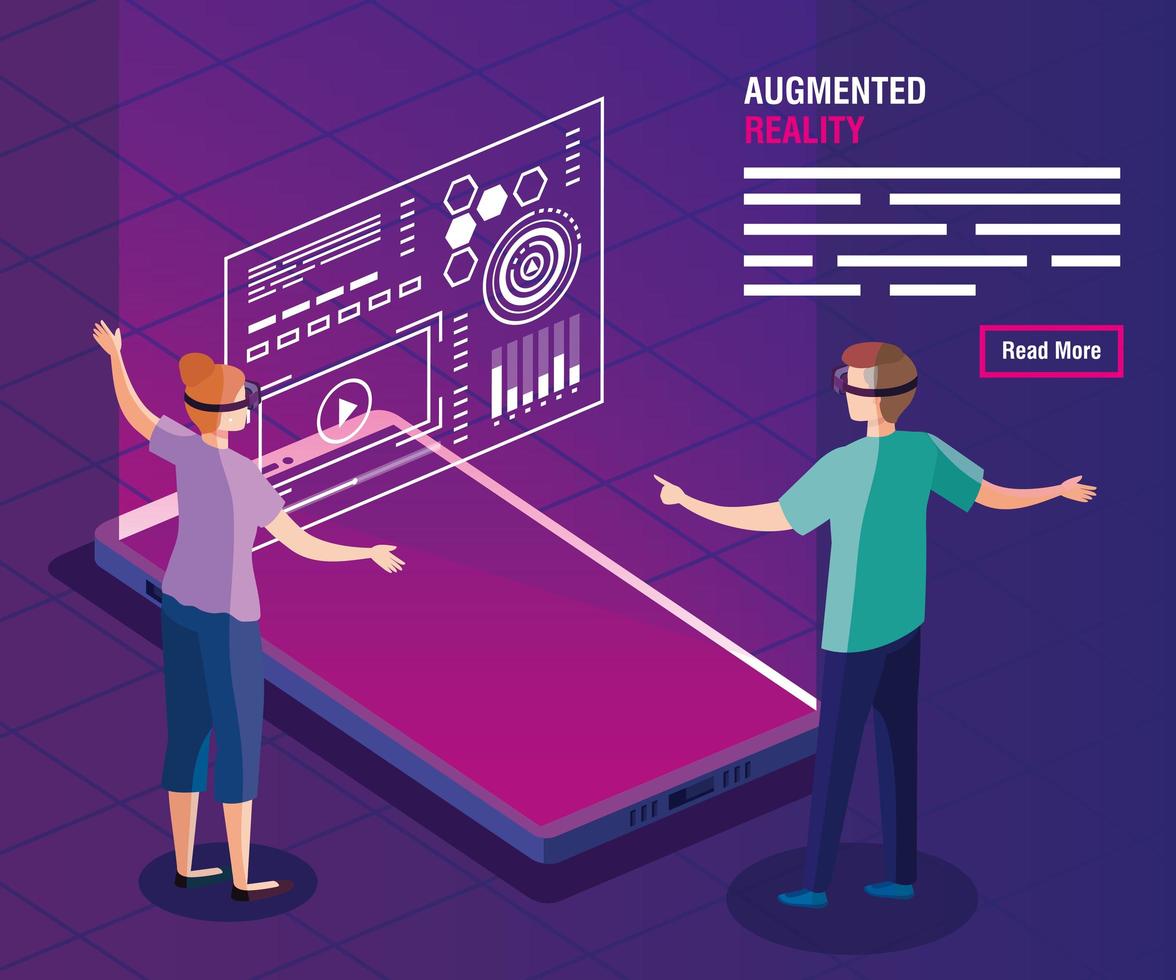 couple with glasses of reality augmented and smartphone vector