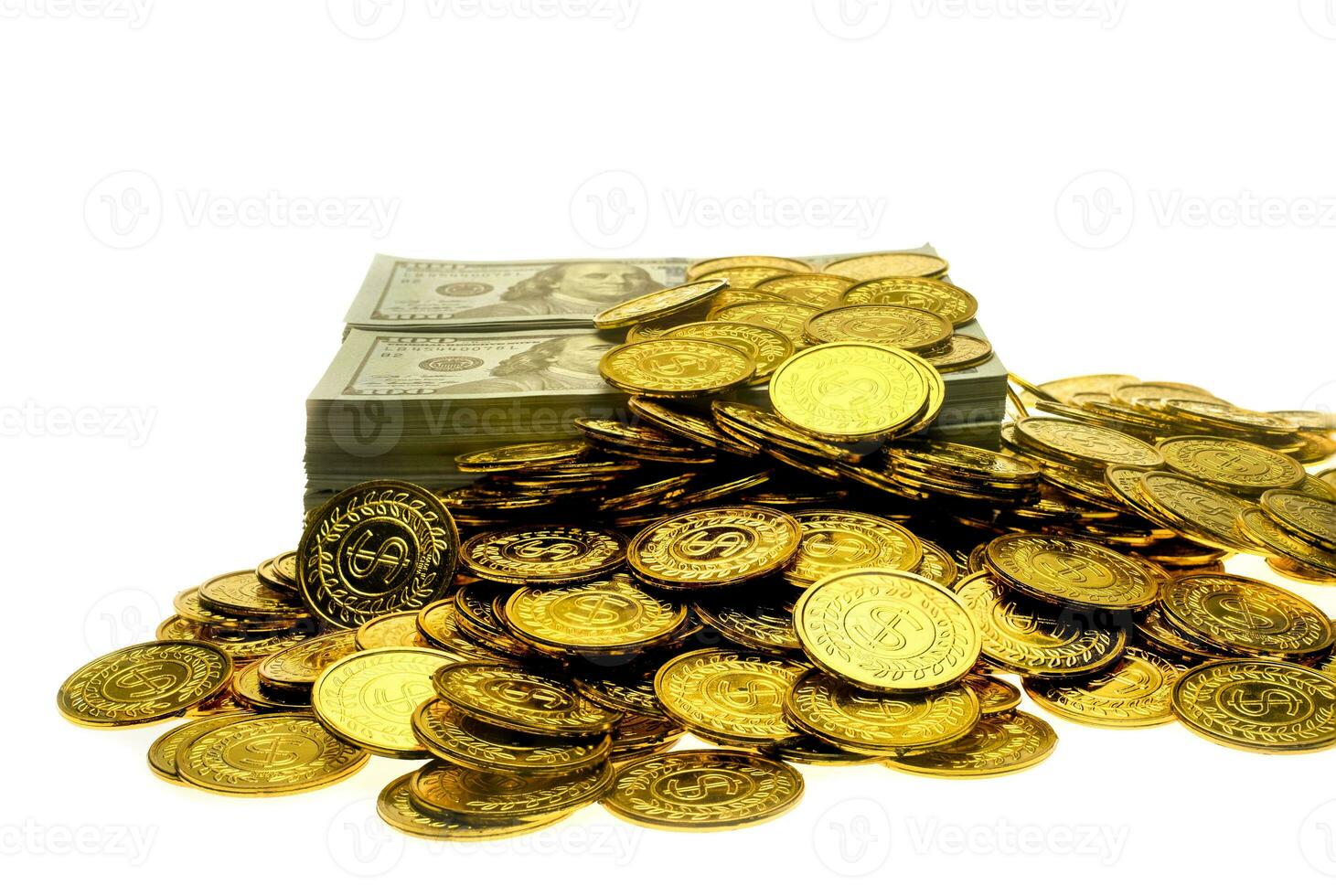 Stack gold coin and money banknote 100 USD photo