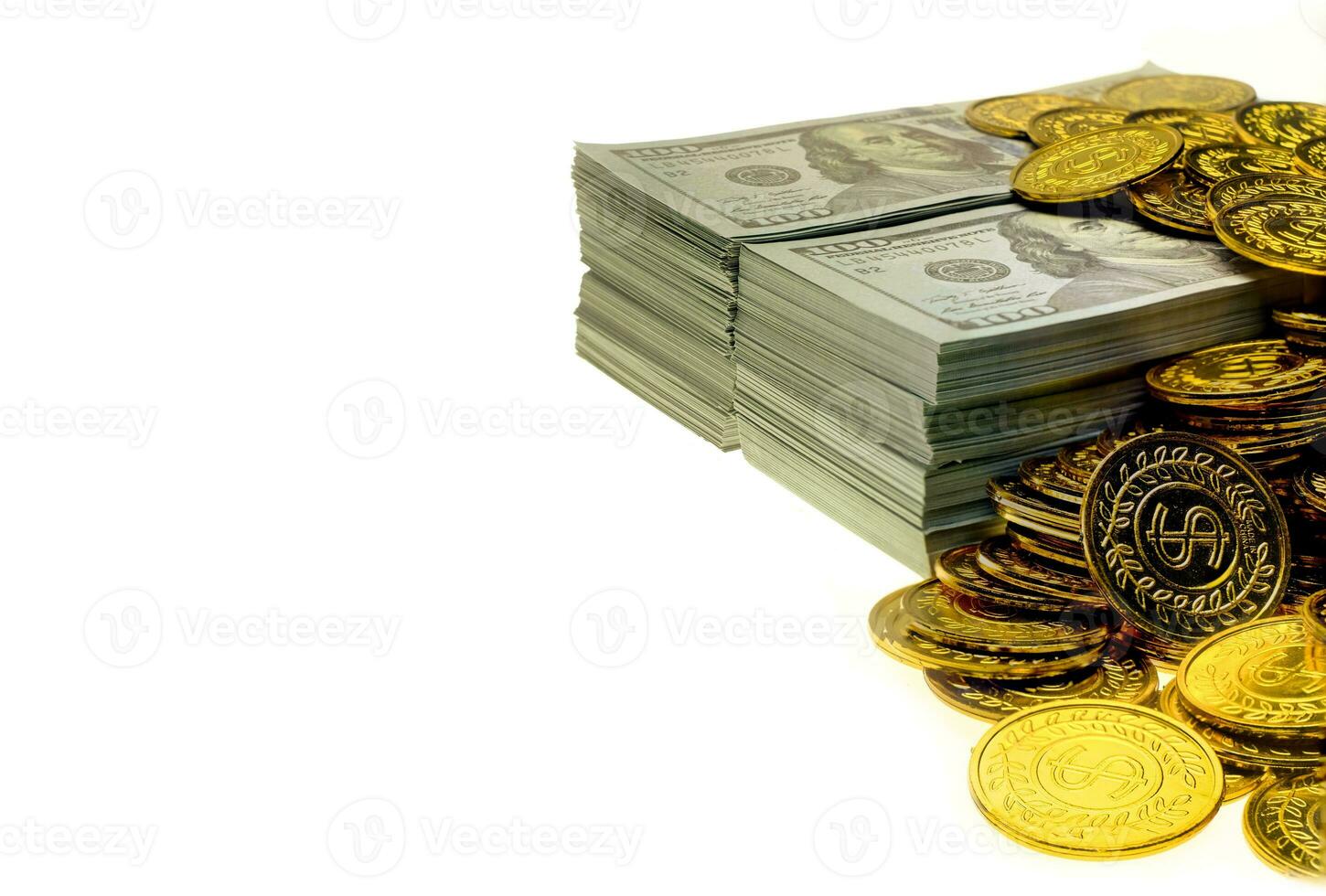 Stack gold coin and money banknote 100 USD photo