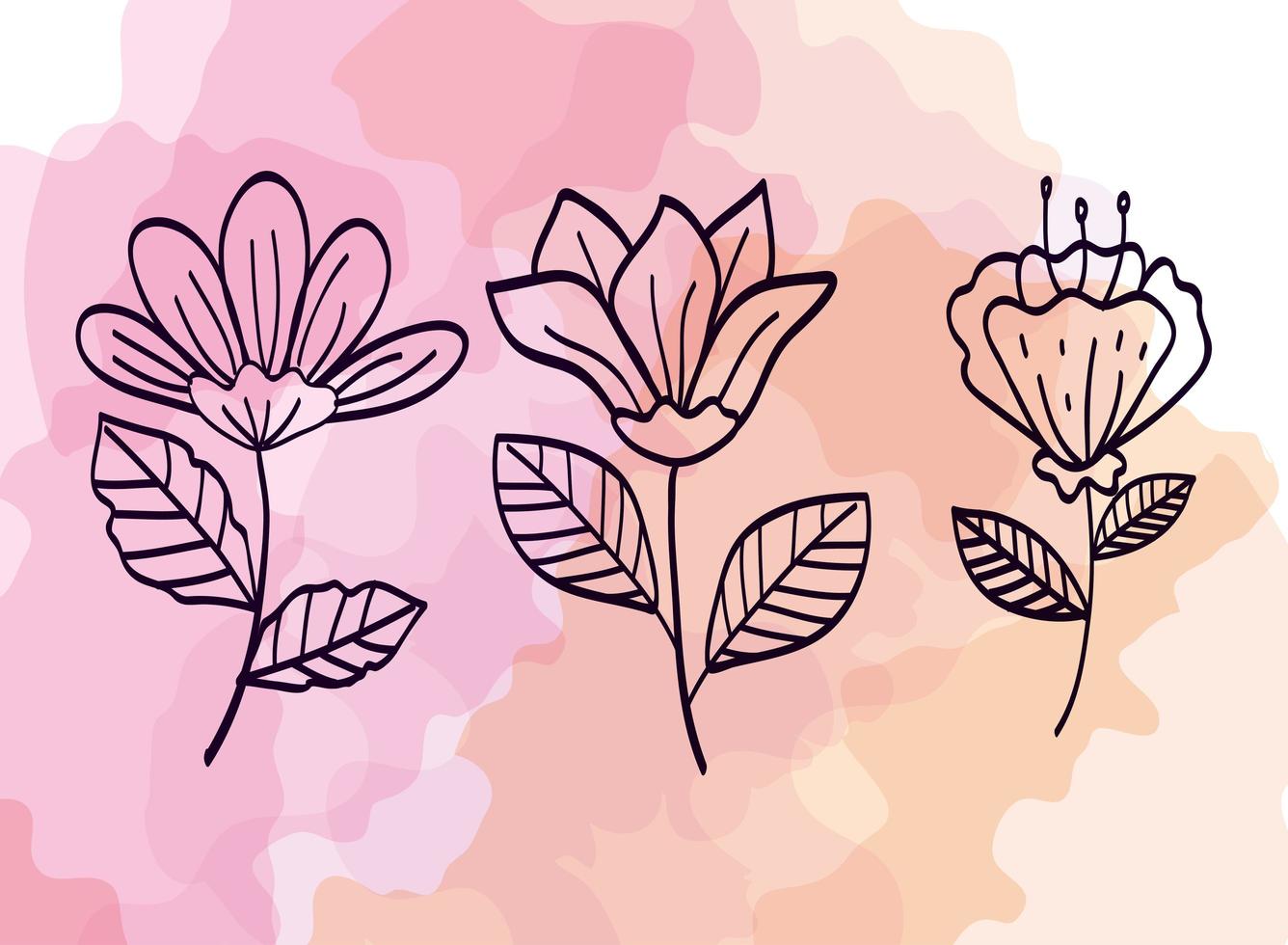 Conjunto de flores con decoración de ramas y hojas. vector