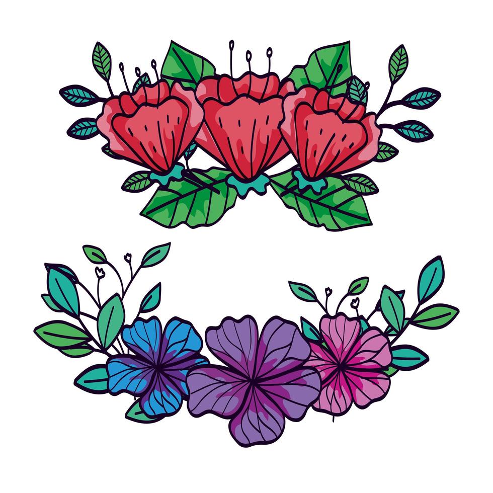 set decorations of flowers with leafs vector