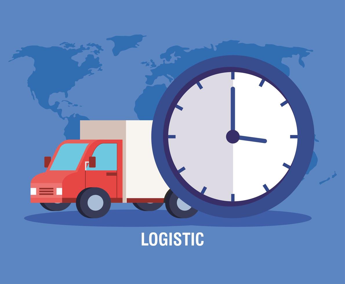 Servicio logístico de entrega con camión y reloj. vector