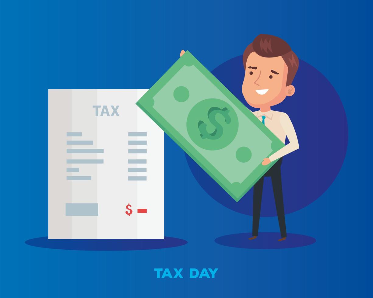 tax day poster with businessman and icons vector