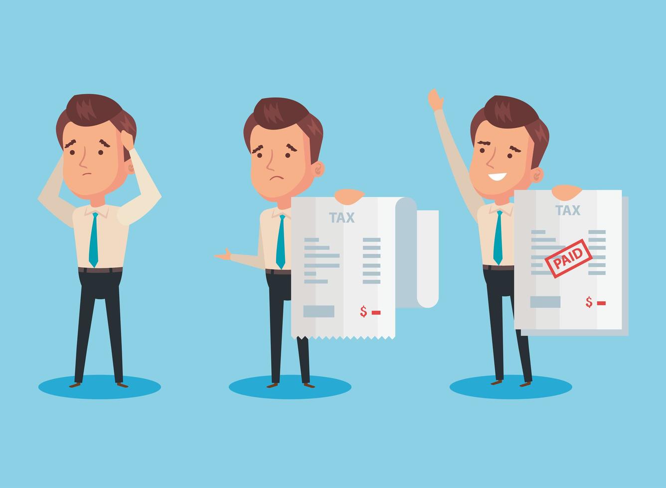 bundle of tax day paid with businessmen and icons vector